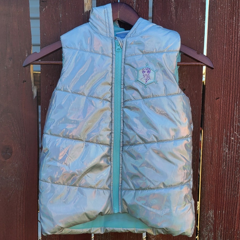 Disney Frozen silver metallic iridescent hooded puffer full zip vest SIZE 6 - Picture 2 of 8